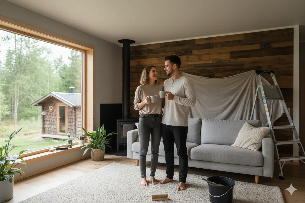 Уютная гостиная дачного дома после ремонта с довольной парой