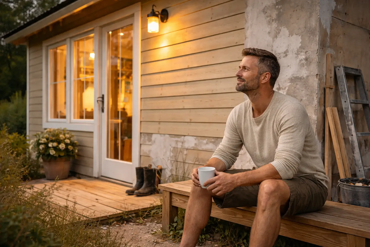 Фасад дачи после ремонта и довольный хозяин