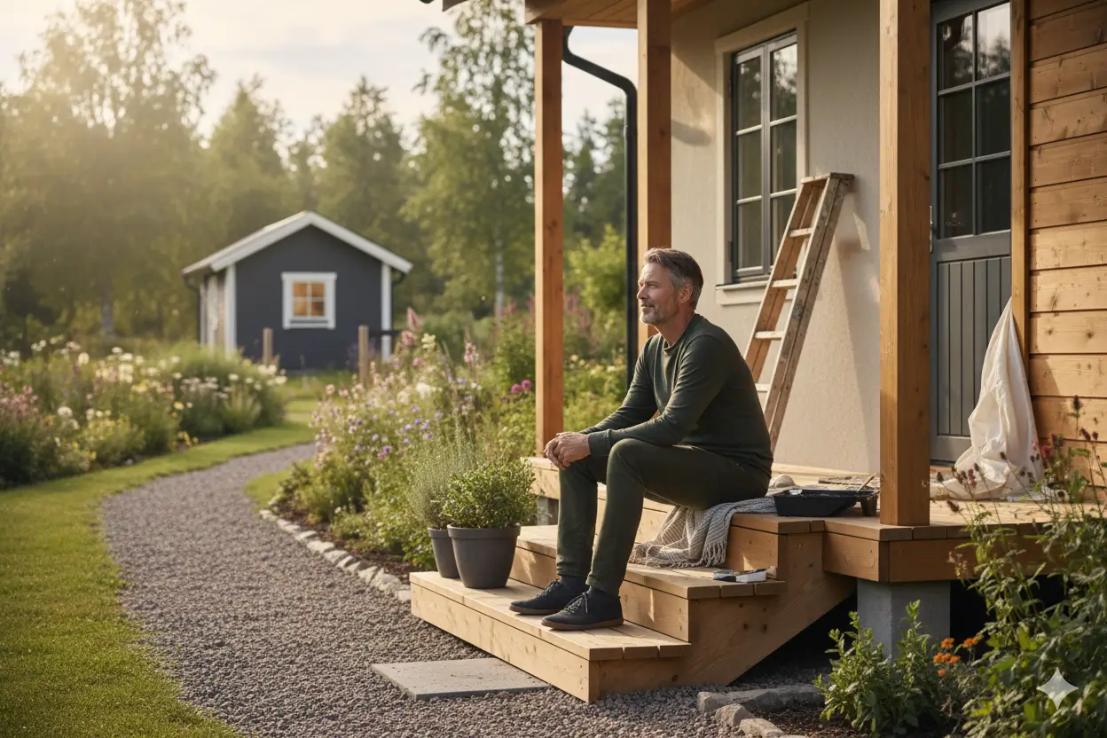 Обновлённое крыльцо дачи и довольный хозяин утром