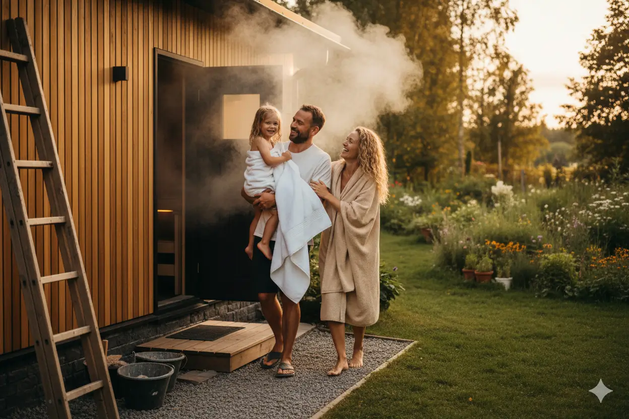 Семья после бани на обновлённом дачном участке