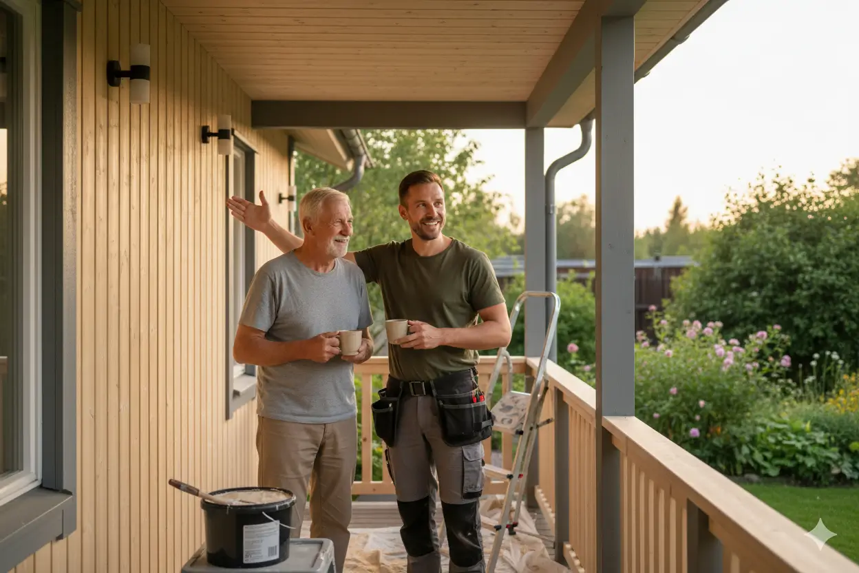Общение хозяина и мастера на обновлённой веранде